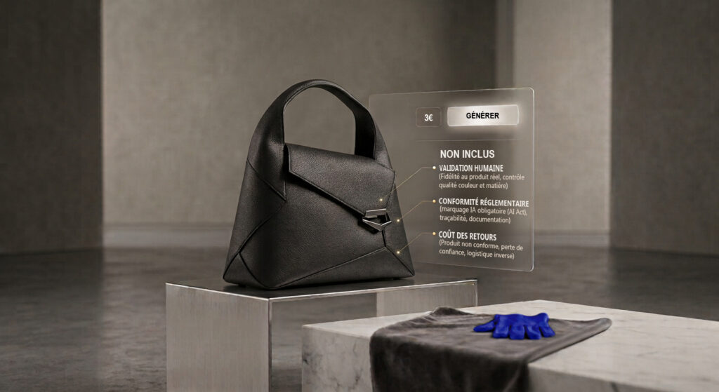 Sac en cuir noir et interface « 3 € / générer » listant ce qu'une photo produit IA à bas prix n'inclut pas. Visuel généré par IA.