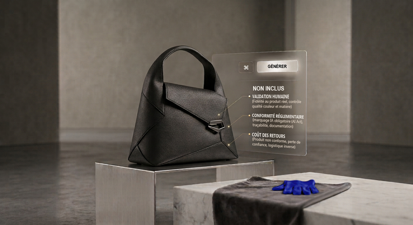 Sac en cuir noir et interface « 3 € / générer » listant ce qu'une photo produit IA à bas prix n'inclut pas. Visuel généré par IA.