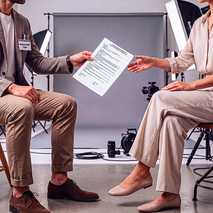 Un responsable légal tend un contrat de sous-traitance de retouche IA à une cliente dans un studio photo, visuel généré par IA