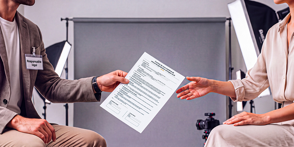 Un responsable légal tend un contrat de sous-traitance de retouche IA à une cliente dans un studio photo, visuel généré par IA