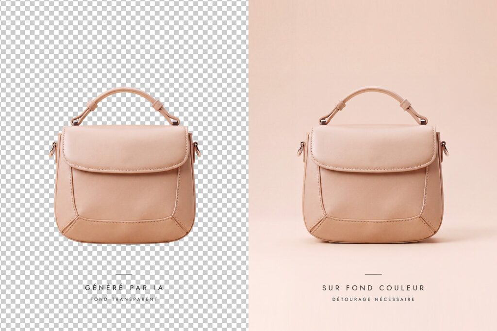 Fond transparent IA : même sac en cuir rose poudré, sur damier de transparence puis sur fond couleur. Visuel généré par IA