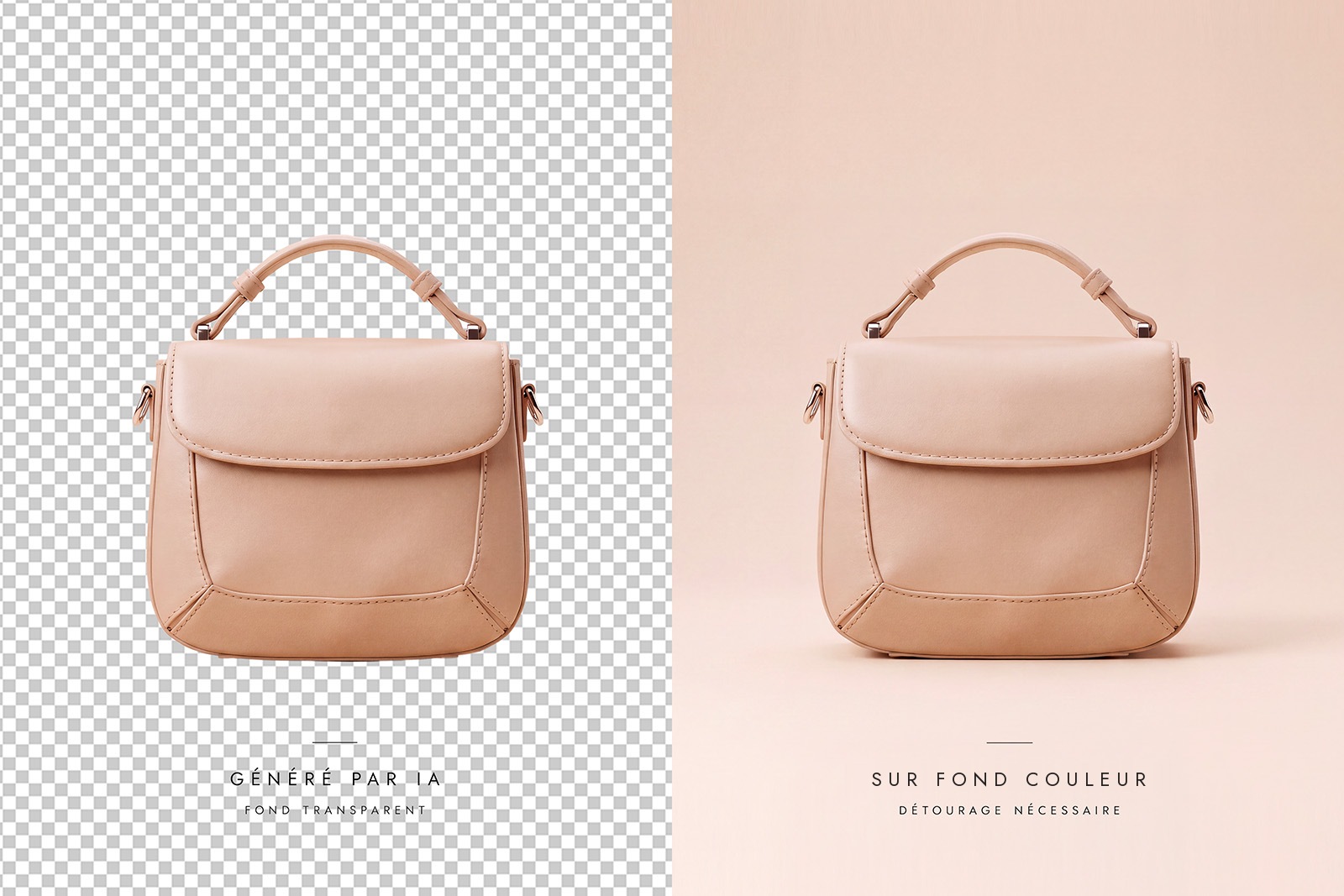 Fond transparent IA : même sac en cuir rose poudré, sur damier de transparence puis sur fond couleur. Visuel généré par IA