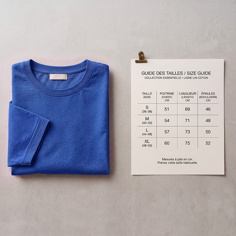 Guide des tailles Amazon : t-shirt bleu plié à côté d’une fiche de tailles S à XL (poitrine, longueur, épaules). Visuel généré par IA