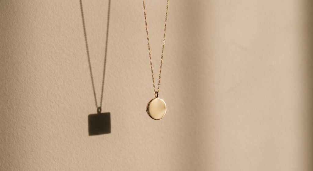 Collier à chaîne dorée et pendentif rond suspendu devant un mur beige, dont l’ombre projetée dessine un pendentif carré. Visuel généré par IA.