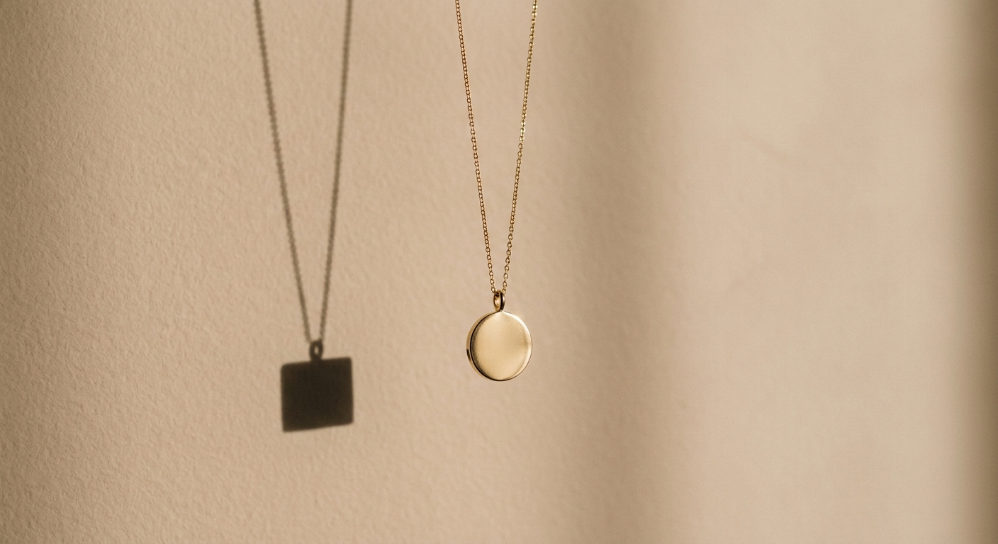 Collier à chaîne dorée et pendentif rond suspendu devant un mur beige, dont l’ombre projetée dessine un pendentif carré. Visuel généré par IA.