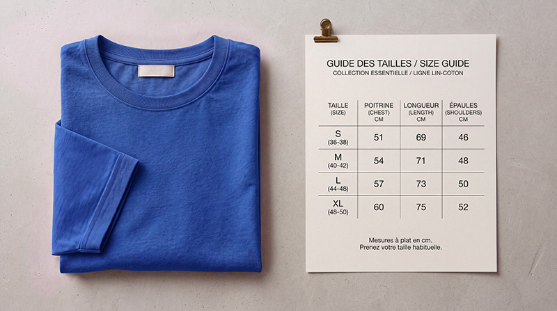 Guide des tailles Amazon : t-shirt bleu plié à côté d’une fiche de tailles S à XL (poitrine, longueur, épaules). Visuel généré par IA