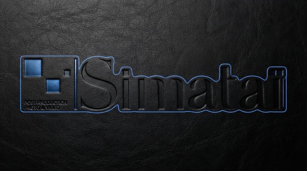Logo Simataï embossé dans un cuir noir, cerné d'un contour bleu lumineux qui suit ses lettres comme un masque de sélection. Visuel généré par IA.