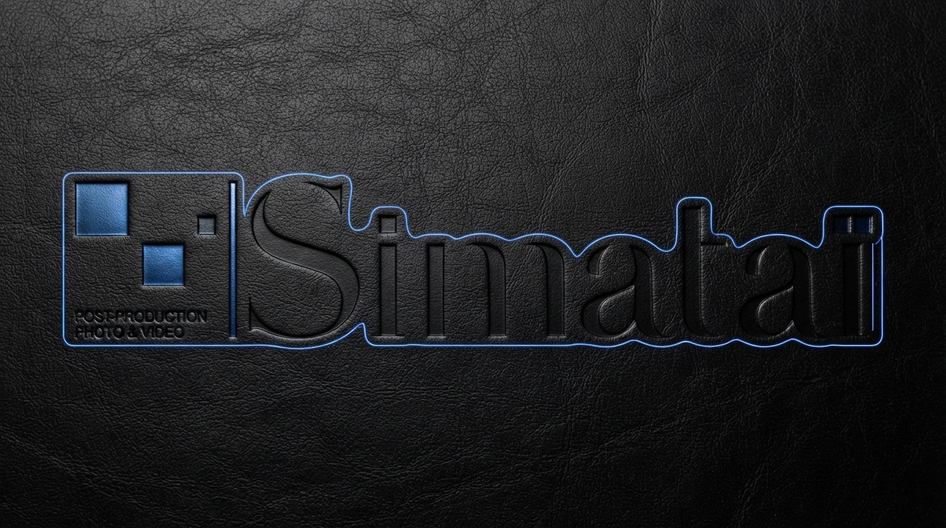 Logo Simataï embossé dans un cuir noir, cerné d'un contour bleu lumineux qui suit ses lettres comme un masque de sélection. Visuel généré par IA.