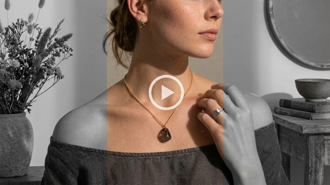 Femme au pendentif en pierre sur chaîne dorée, bande centrale en couleur, côtés en gris pour le décor ajouté. Visuel généré par IA.